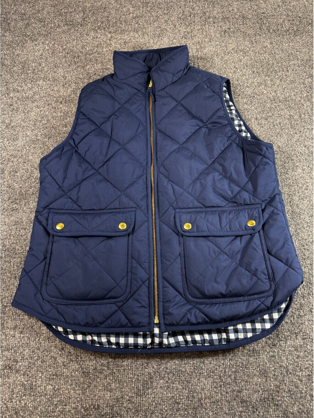 J.crew Quilted Vest Womens Medium Blue Full Zip Gingham Lining Flap Pockets Vest